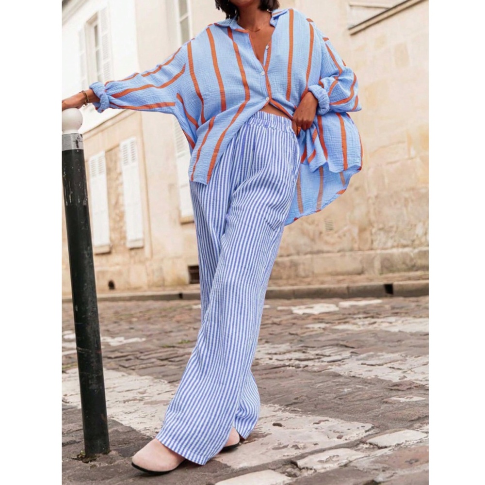 Blue Striped Oversized Button Down Shirt Long Sleeve - Picture 5 of 6